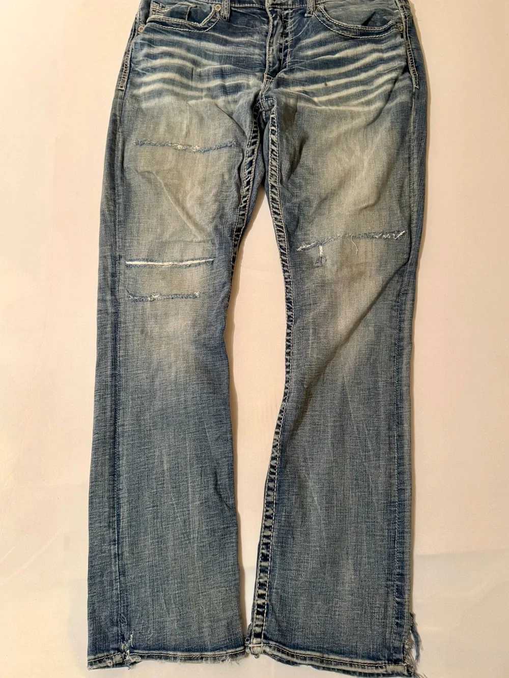 BKE Jake Jeans Mens 34x32 Dark Wash Straight Stretch Denim Whiskers Thrashed